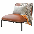 Brown Leather Single Sofa with Black Metal Frame Gray Cushion and Patterned Throw Blanket