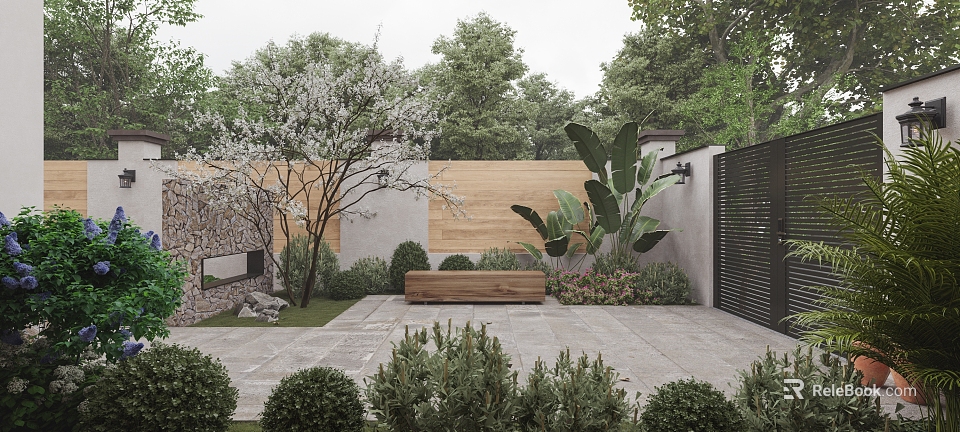 Modern Garden Landscape Design With Wooden Fence Stone Slab Patio And Green Shrubs 3d model 