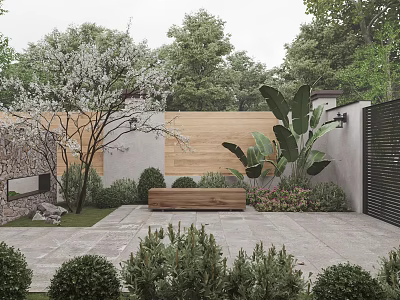 Modern Garden Landscape Design With Wooden Fence Stone Slab Patio And Green Shrubs 3d model