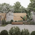 Modern Garden Landscape Design With Wooden Fence Stone Slab Patio And Green Shrubs