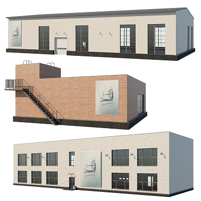 Industrial Factory Building Featuring Brick Structure Metal Staircase Large Windows And Exterior Mural 3d model