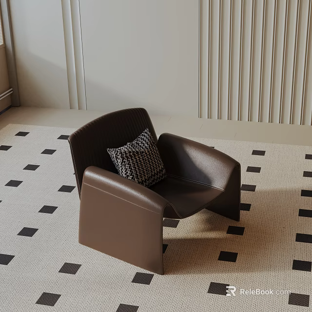 Brown Accent Chair with Patterned Cushion on Black Square Patterned Carpet and Light Colored Wall 3d model 