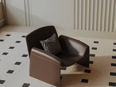 Brown Accent Chair with Patterned Cushion on Black Square Patterned Carpet and Light Colored Wall 3d model
