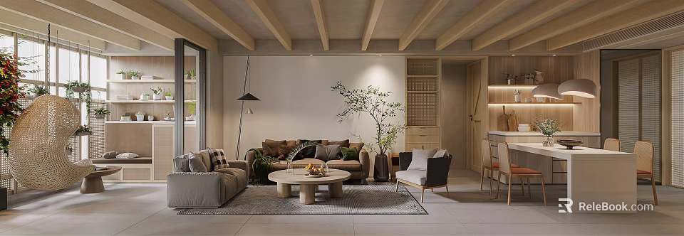 Modern Living And Dining Room Interior With Wooden Ceiling Beams Sofa Coffee Table And Plant 3d model 