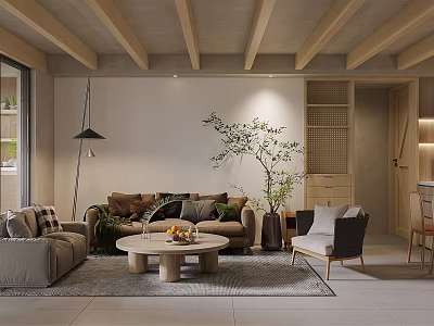 Modern Living And Dining Room Interior With Wooden Ceiling Beams Sofa Coffee Table And Plant 3d model