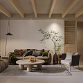 Modern Living And Dining Room Interior With Wooden Ceiling Beams Sofa Coffee Table And Plant