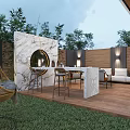 Garden Landscape Featuring Outdoor Seating Marble Wall Wooden Flooring And Green Plants