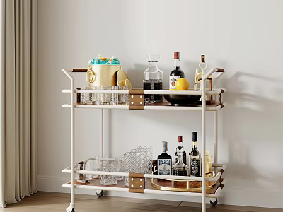 Modern Minimalist Two-Tier Wheeled Storage Shelf With Wine Bottles Glasses Trays And Decorations 3d model