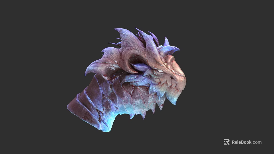 Dragon Head Sculpture With Detailed Carving And Purple Blue Gradient Texture 3d model 