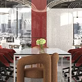 Modern Public Office Space With Red Curved Partitions Glass Walls And Open Layout