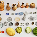 Traditional Clay Pots Vases Decorative Plates and Fresh Fruits Collection