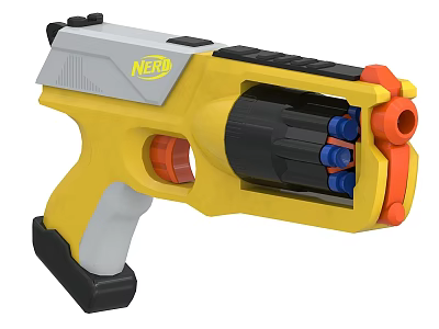 NERF Toy Gun With Yellow White Black Orange Design And Blue Darts 3d model