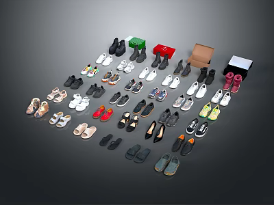 Assorted Women's and Men's Shoes in Various Styles and Colors Arranged Neatly with Boxes 3d model