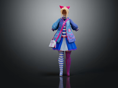 Cute Cat Ear Headband Blue Coat Blue Skirt Pink Backpack Striped Stockings Outfit 3d model