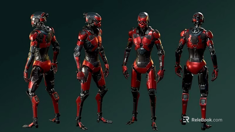 Male Themed Red and Black Mech Suit Design Shown From Four Different Angles 3d model 
