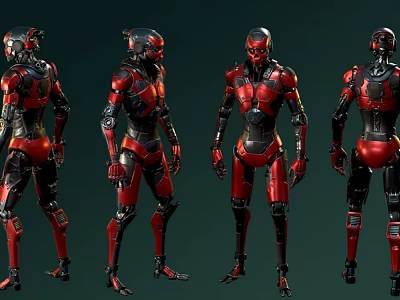 Male Themed Red and Black Mech Suit Design Shown From Four Different Angles 3d model