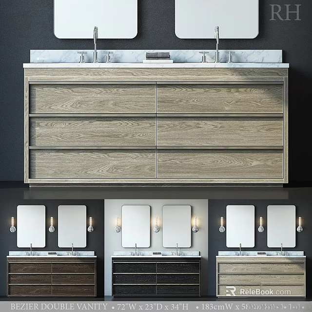 Modern Bathroom Vanity With Wooden Drawers Marble Countertop And Mirrors 3d model 