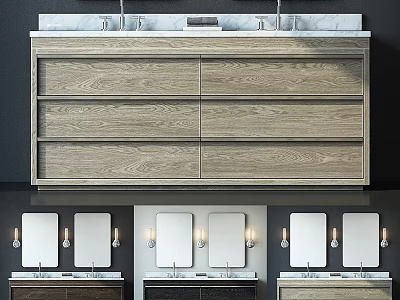 Modern Bathroom Vanity With Wooden Drawers Marble Countertop And Mirrors 3d model