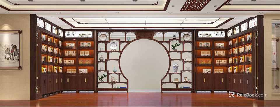 Traditional Chinese Wooden Display Cabinet Featuring Circular Arch Porcelain Tea Sets And Green Plants 3d model 