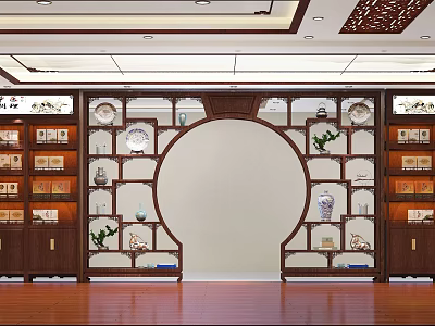Traditional Chinese Wooden Display Cabinet Featuring Circular Arch Porcelain Tea Sets And Green Plants 3d model