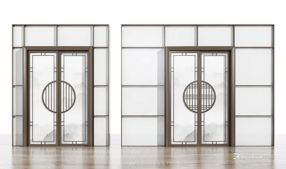 Modern Chinese Sliding Doors With Circular Lattice Dark Frame Glass Panels And Wooden Floor 3d model 