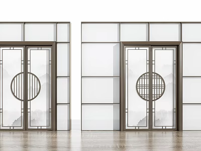 Modern Chinese Sliding Doors With Circular Lattice Dark Frame Glass Panels And Wooden Floor 3d model