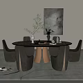 Modern Minimalist Round Dining Table Set With Beige Brown Chairs Green Plant And Abstract Painting