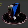Sleek Modern PC Tower with Black Blue Geometric Accents and Circular Illuminated Base