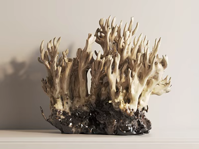 Unique Coral Shaped Sculpture With White And Dark Brown Colors On White Shelf Light Gray Wall 3d model