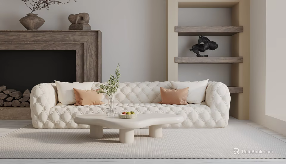 White Tufted Three Seater Sofa in Modern Living Room with Throw Pillows and Coffee Table 3d model 