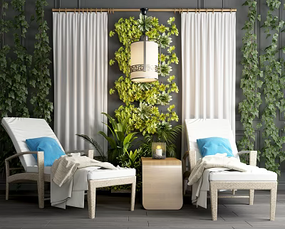 White Wicker Lounge Chairs With Blue Pillows Green Vines And Hanging Lamp 3d model