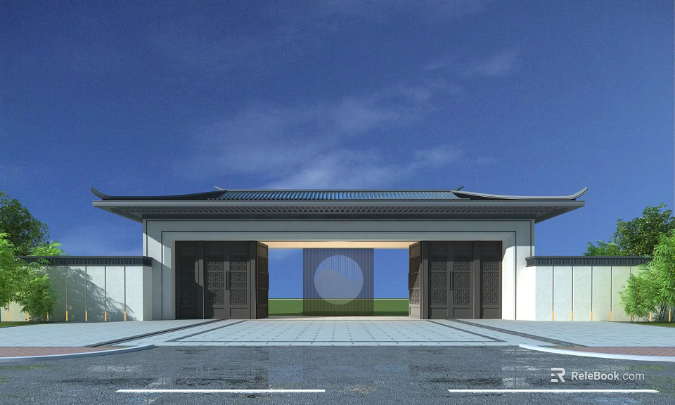 Traditional Chinese Entrance Gate Featuring Dark Wooden Doors Overhanging Eaves and White Walls 3d model 