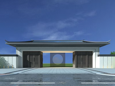 Traditional Chinese Entrance Gate Featuring Dark Wooden Doors Overhanging Eaves and White Walls 3d model