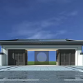 Traditional Chinese Entrance Gate Featuring Dark Wooden Doors Overhanging Eaves and White Walls