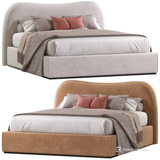 Modern Double Bed With Upholstered Curved Headboard And Decorative Pillows 3d model