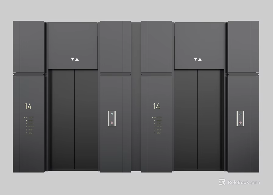 Modern Black Elevator Exterior Design With Two Doors And Number 14 3d model