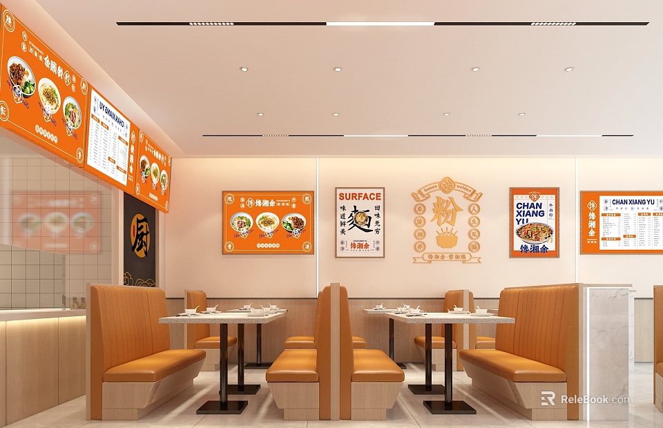 Bright Restaurant Interior With Orange Walls Menu Posters Booth Seating White Tables Wooden Seats 3d model 
