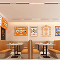 Bright Restaurant Interior With Orange Walls Menu Posters Booth Seating White Tables Wooden Seats