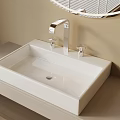 Bathroom Vanity With Square White Sink Silver Faucet Round Mirror And Beige Wall