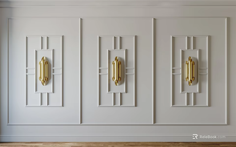 Modern Bed Accent Wall With White Wainscoting And Gold Sconces 3d model