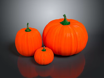 Fresh Orange Pumpkins of Various Sizes with Green Stems Displayed on Gray Surface 3d model