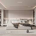 Modern Minimalist Bedroom Interior With White Bed Accent Wall Strip Lights And Area Rug