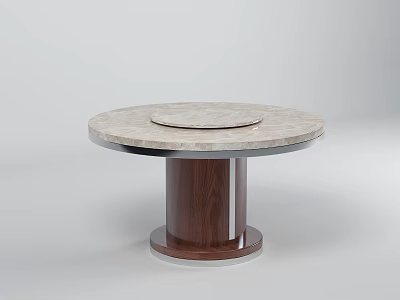 Elegant Round Dining Table With Marble Turntable Top Brown Wooden Base And Metal Frame 3d model