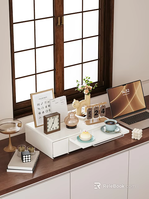 Modern Desktop Decorative Ornament Combination With Photo Frame Clock Deer Figurine Vase And Coffee Cup 3d model 