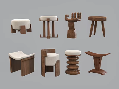Various Stylish Wooden Sofa Stools With Unique Designs And Soft Seats 3d model