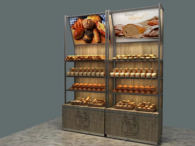 Modern Wooden Bakery Display Shelf With Multiple Layers Bread And Sandwiches 3d model