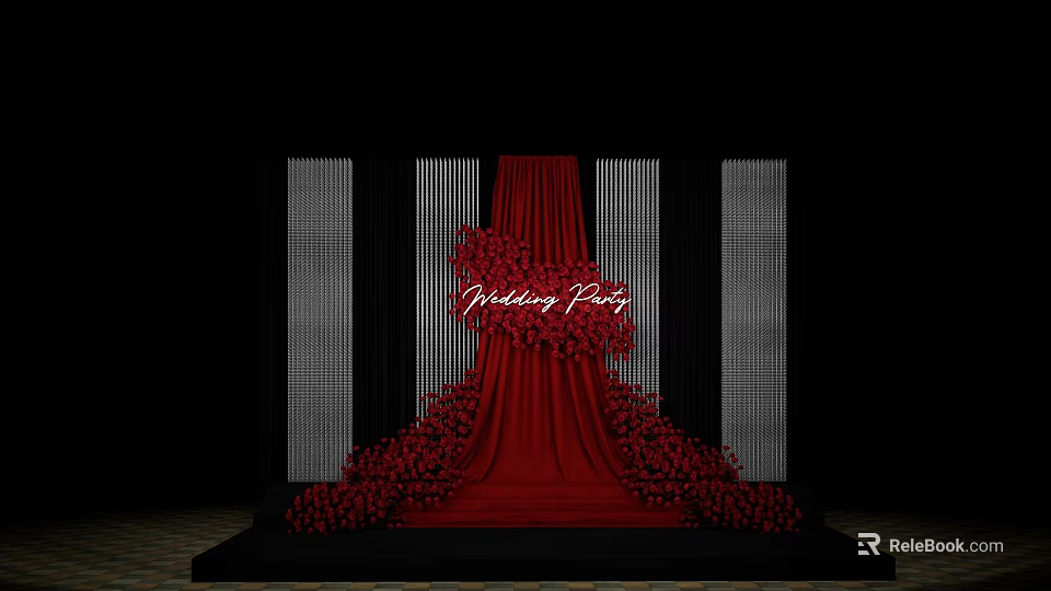 Banquet Hall for Wedding Party with Red Drapery Floral Arrangements and Striped Backdrop 3d model 