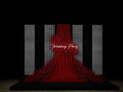 Banquet Hall for Wedding Party with Red Drapery Floral Arrangements and Striped Backdrop 3d model