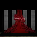 Banquet Hall for Wedding Party with Red Drapery Floral Arrangements and Striped Backdrop