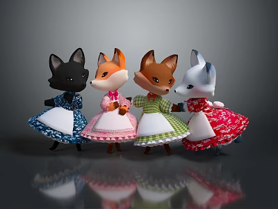 Cute Fox Doll Characters Wearing Colorful Dresses With Various Patterns Standing Together On Reflective Surface 3d model